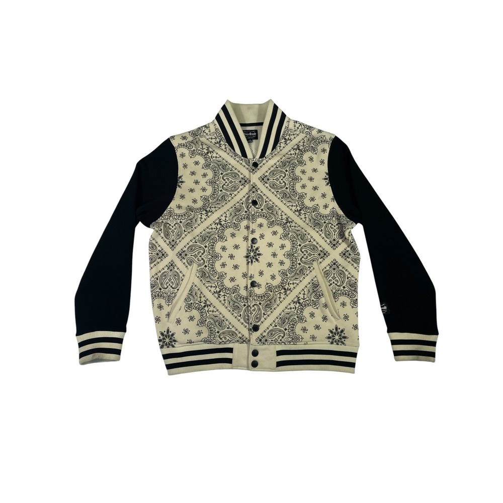 Snoop Dogg Varsity Jacket Mens Large Cream Paisley Fleece Lined Snap Front